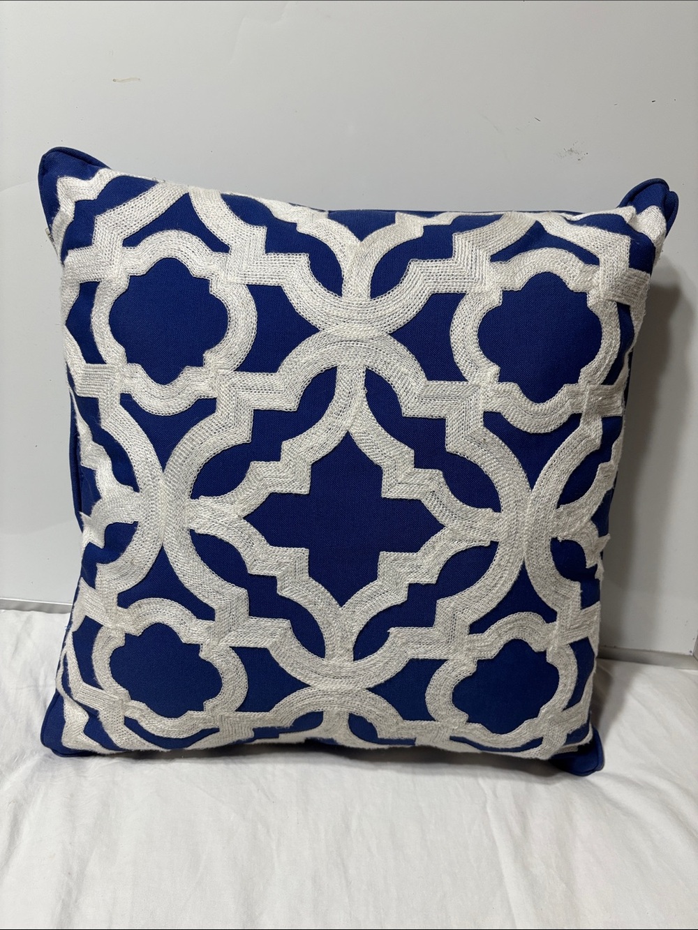 Pier Imports Embroidered Royal Blue Accent Pillow with Cream Geometric Design